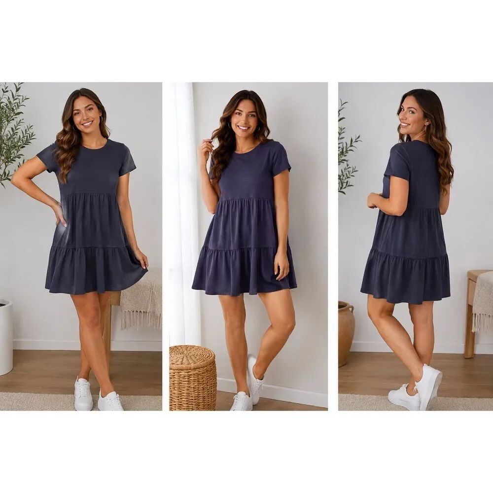 Old Navy Navy Blue Tiered Babydoll Mini Dress Short Sleeve Cotton Size Small